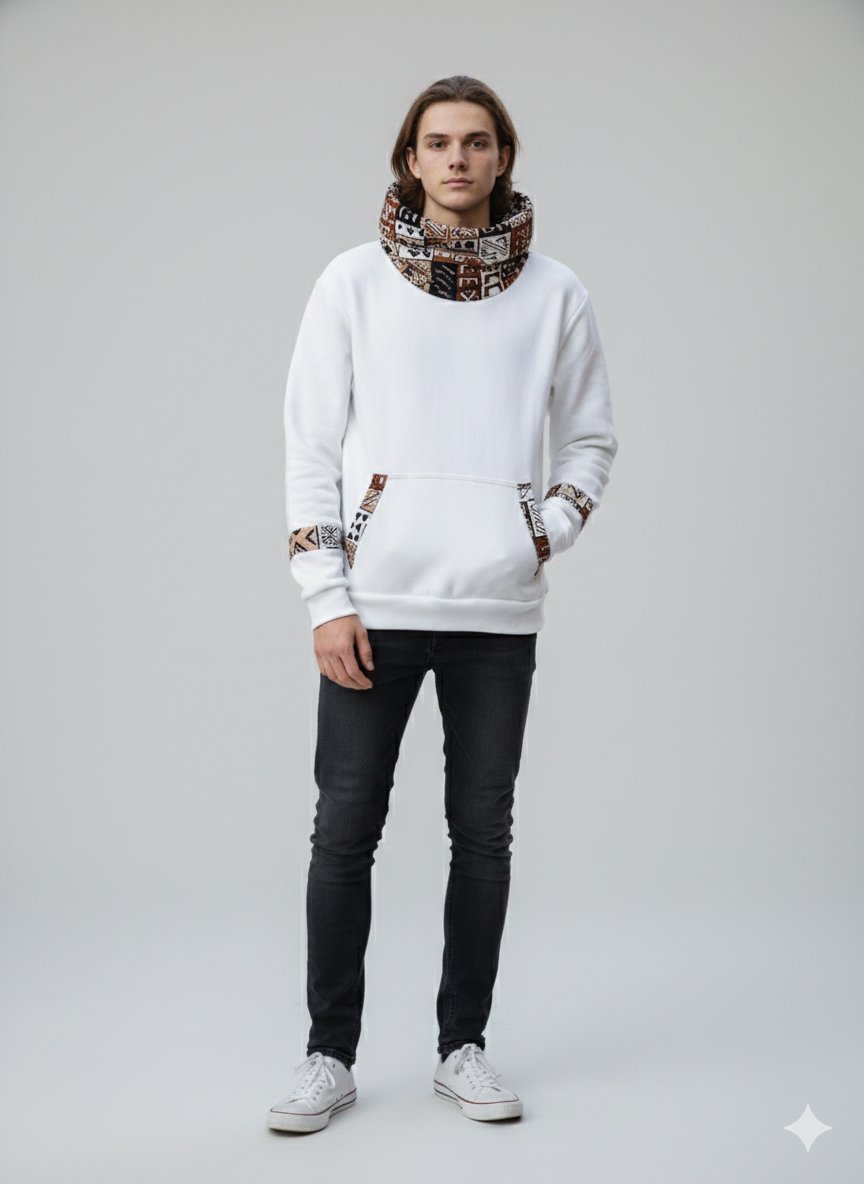 distinctive high-neck cowl and hand-pocket accents hoodie