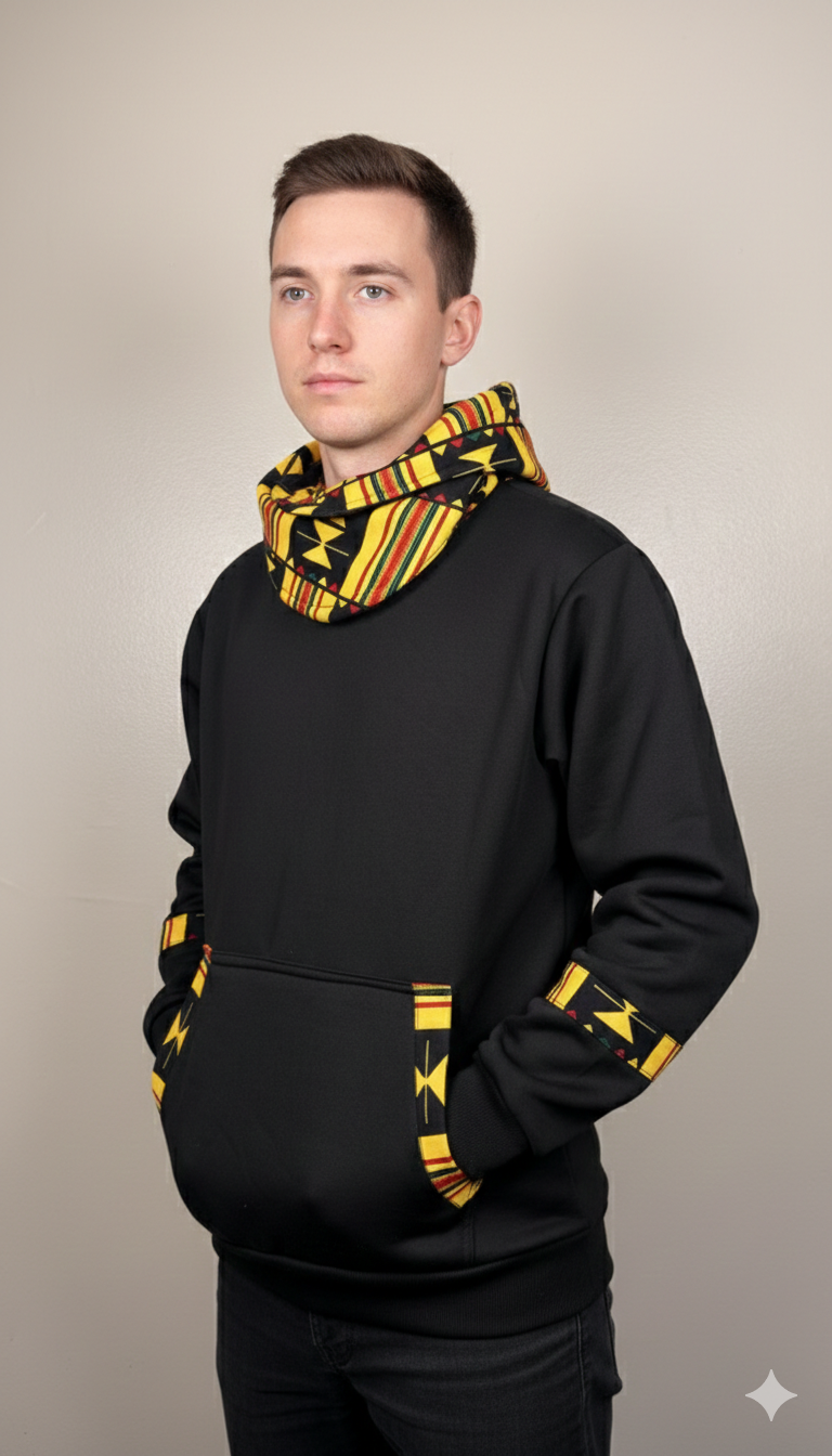 A black Ankara cowl neck hoodie