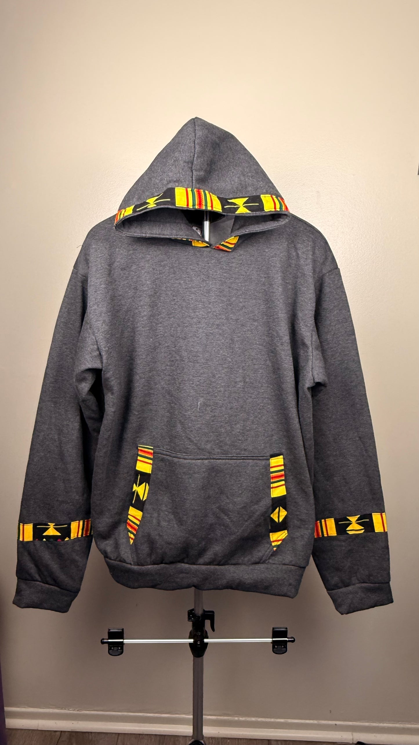 Charcoal grey hoodie with yellow prints