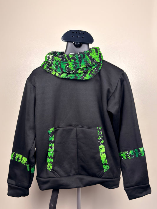 jet-black base accented by a striking vibrant green marbled pattern cowl neck hoodie