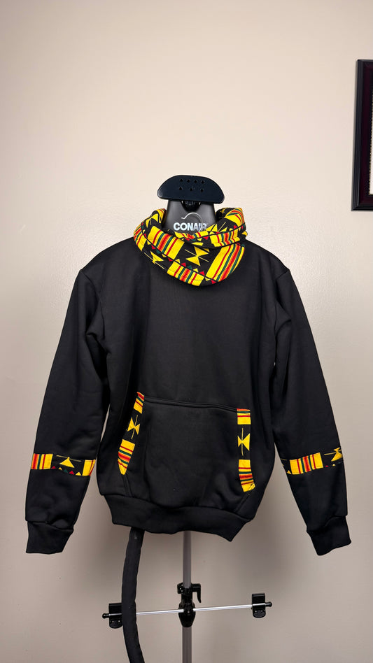 A black Ankara cowl neck hoodie