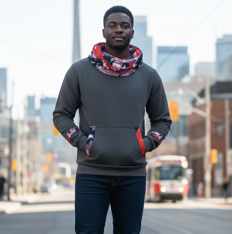 Charcoal grey cowl neck hoodie with colourful prints