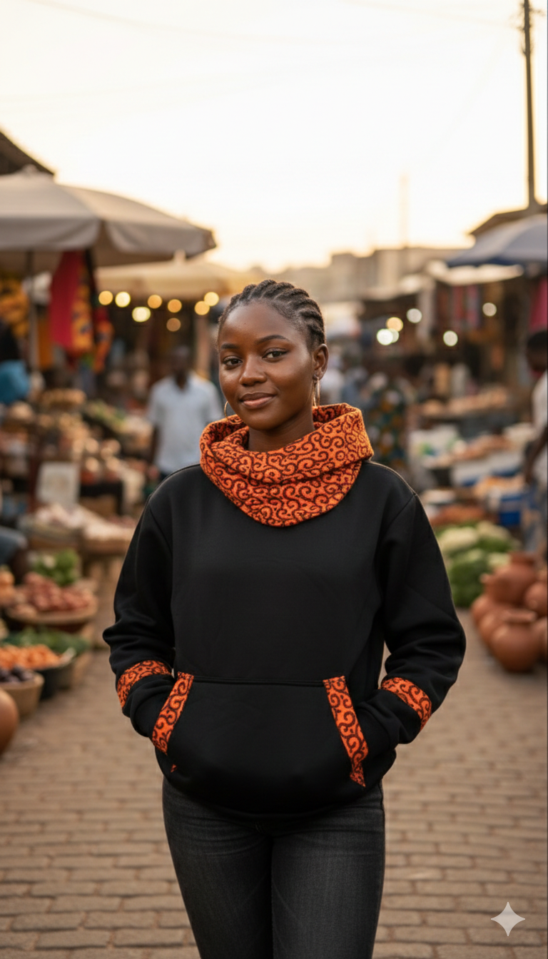 Jet black traditional aesthetic cowl neck hoodie