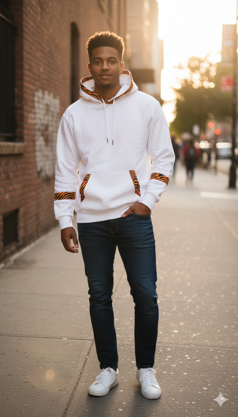 White hoodie with Ankara print