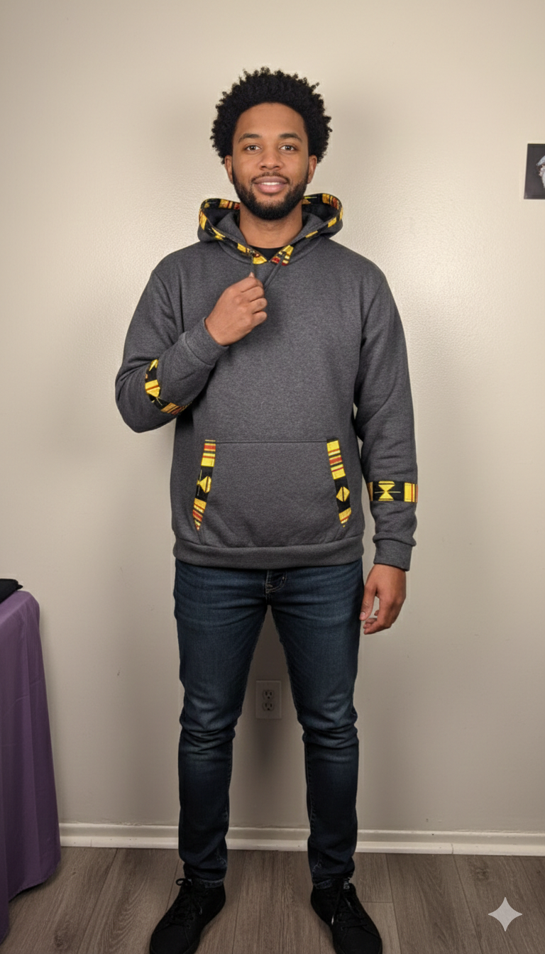 Charcoal grey hoodie with yellow prints