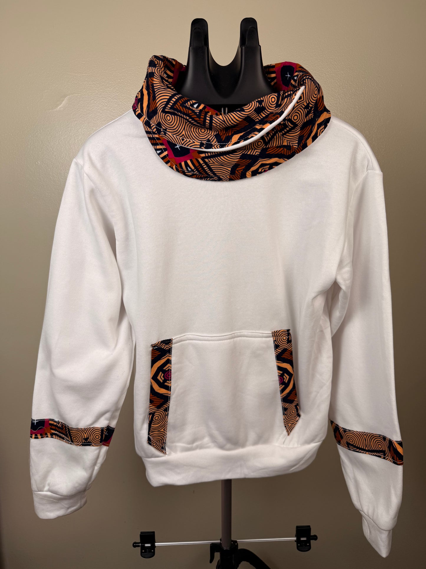 African-inspired wax print accents cowl neck hoodie