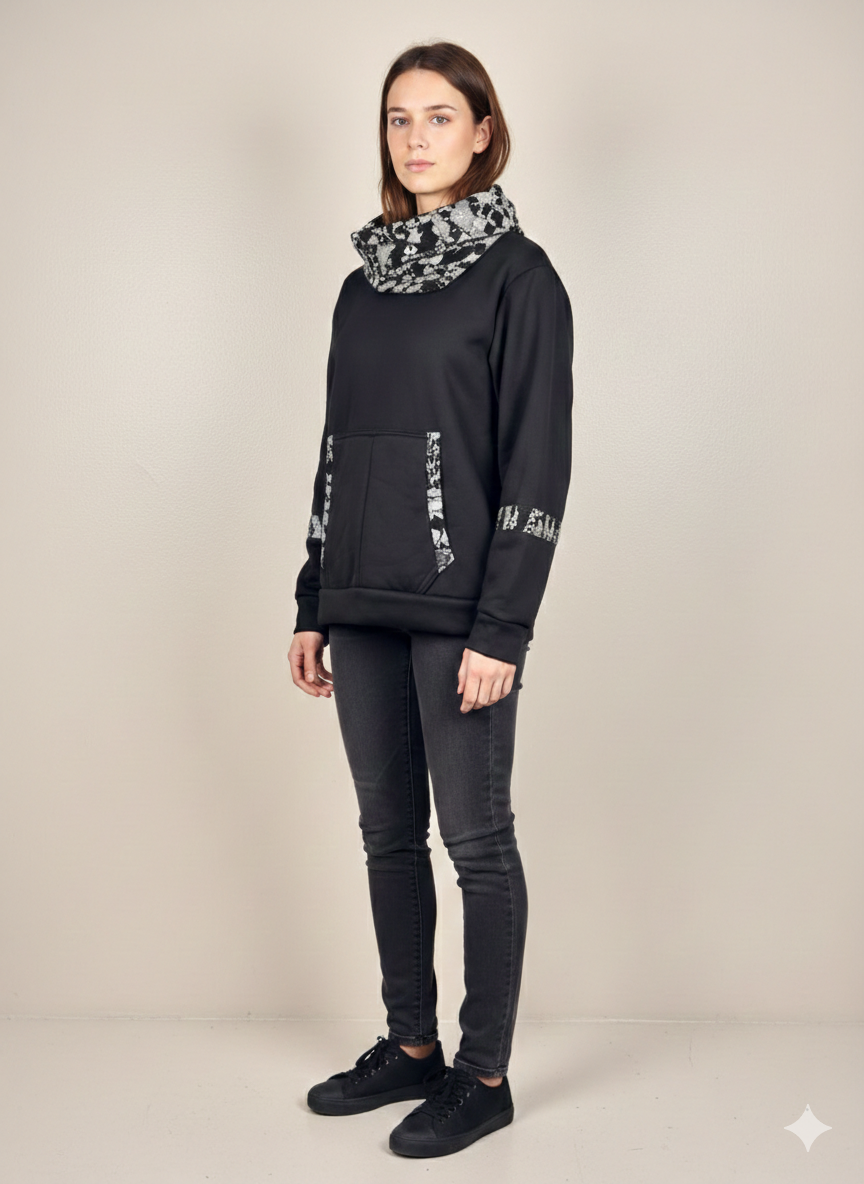 Jet black cowl neck hoodie with white prints