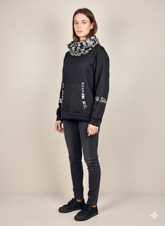 Jet black cowl neck hoodie with white prints