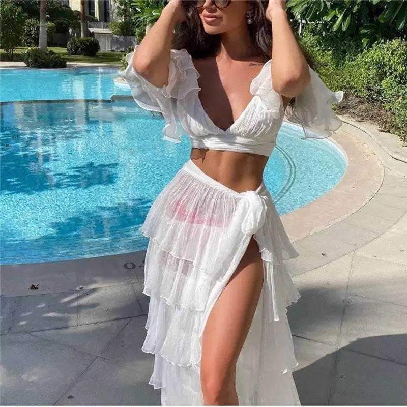 2pcs Summer White Vacation Resort Beach Outfit set summer fashion