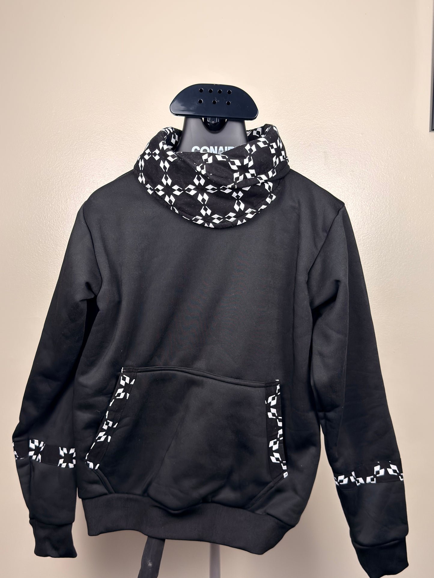 Jet black cowl neck hoodie with white prints