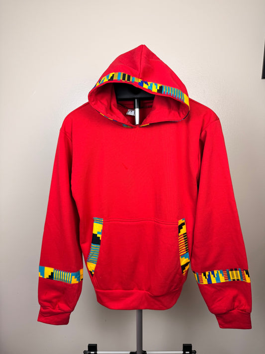 Red hoodie with yellowish prints