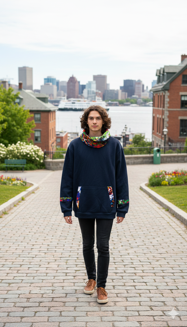 Navy blue cowl neck hoodie with vibrant prints