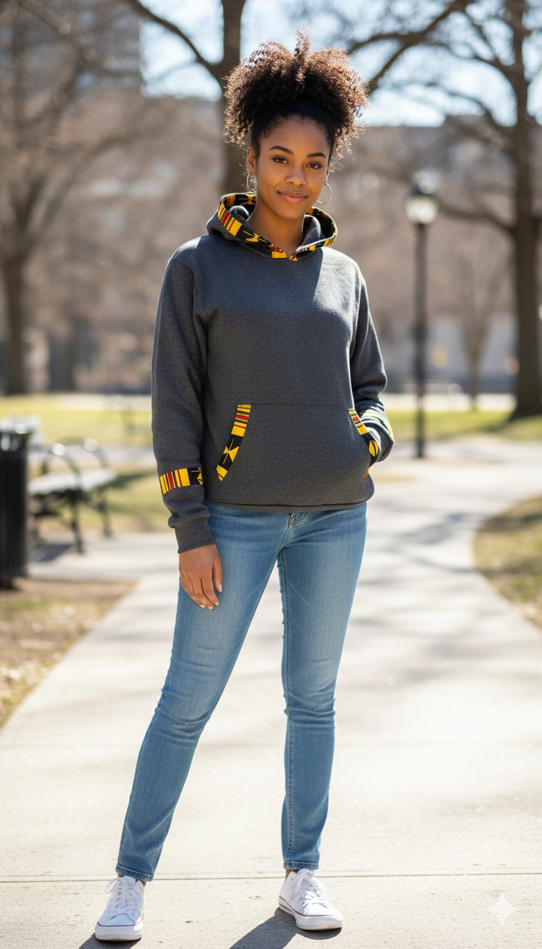 Charcoal grey hoodie with yellow prints