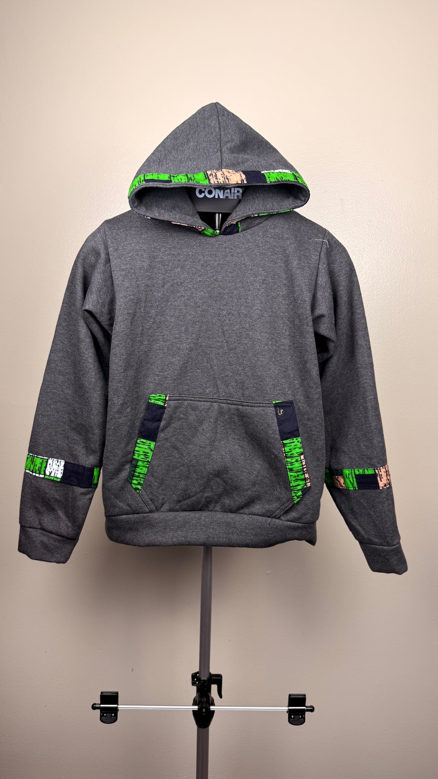 Stylish charcoal Grey hoodie with green prints