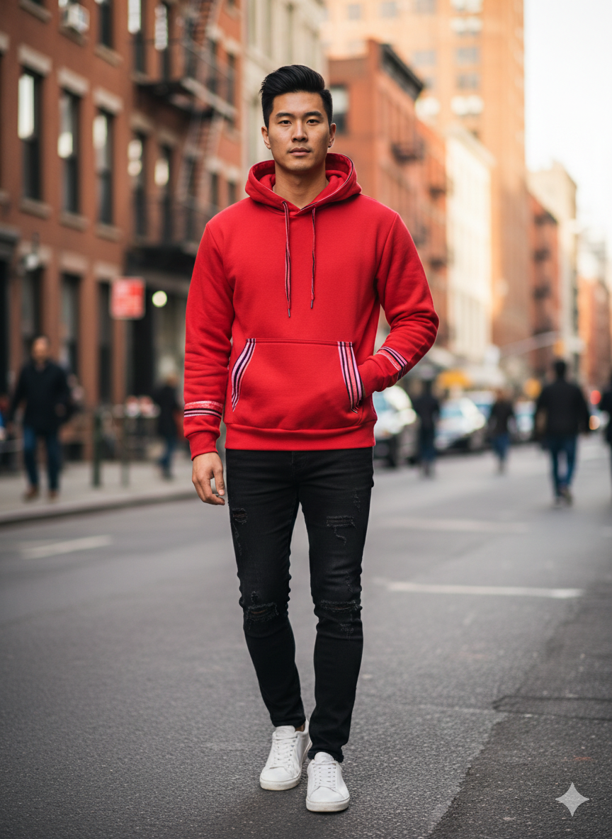 Red hoodie with stripped prints