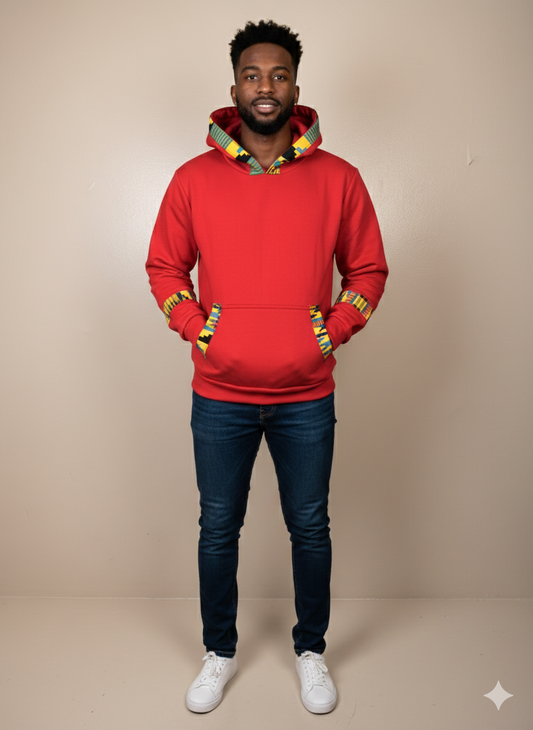 Red hoodie with yellowish prints