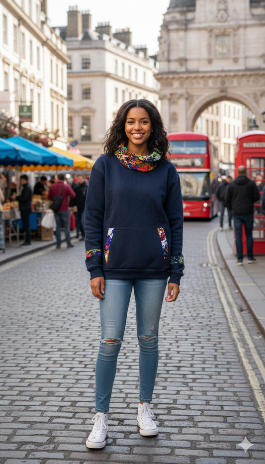 Navy blue cowl neck hoodie with vibrant prints