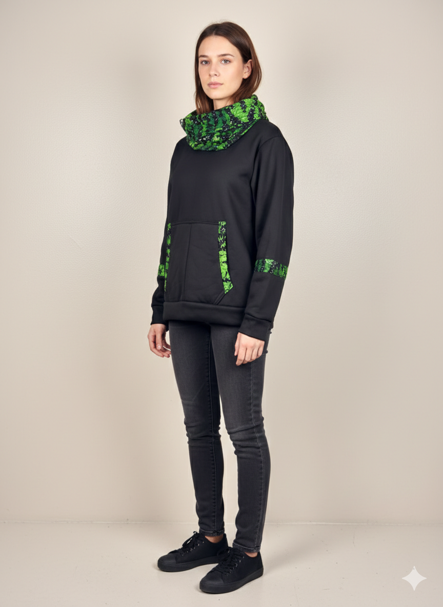 jet-black base accented by a striking vibrant green marbled pattern cowl neck hoodie