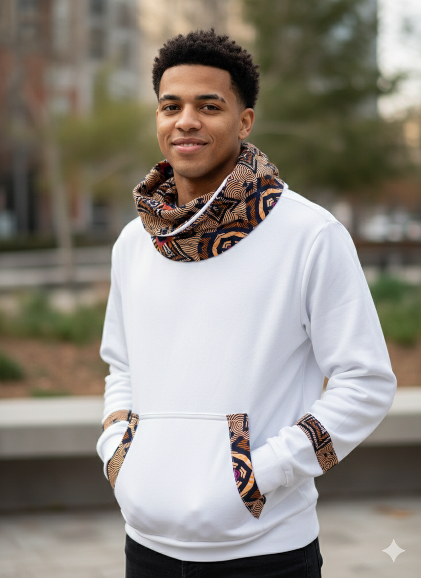 African-inspired wax print accents cowl neck hoodie
