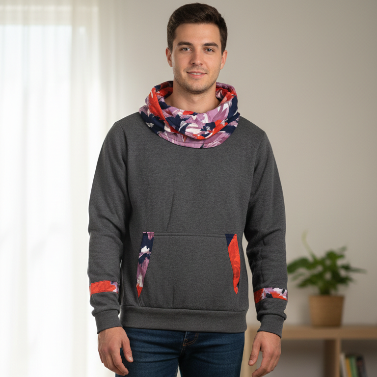 Charcoal grey cowl neck hoodie with colourful prints