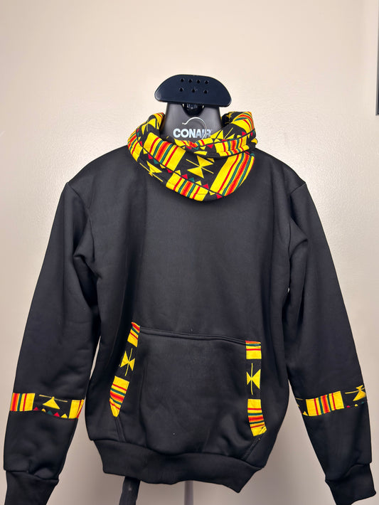A black Ankara cowl neck hoodie