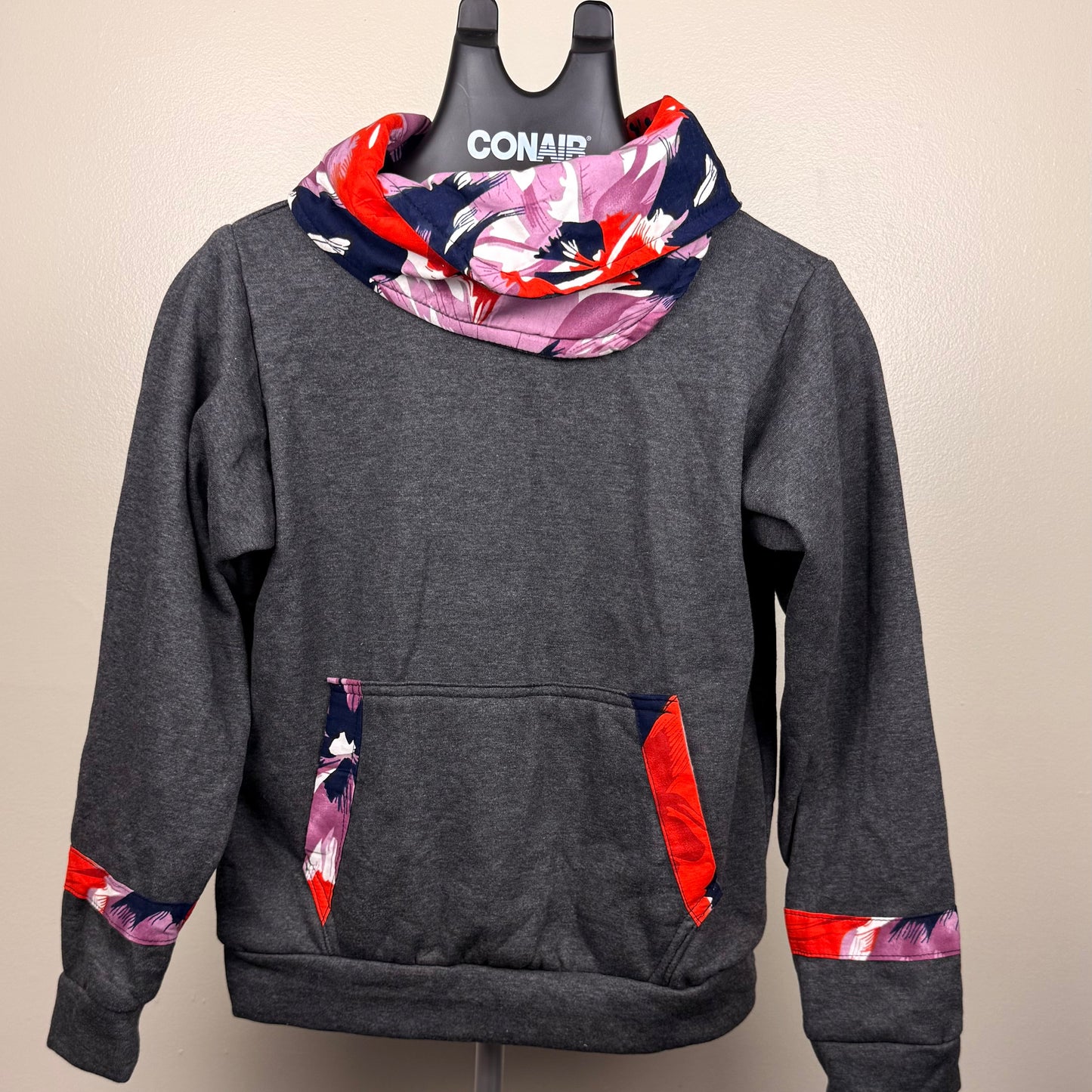 Charcoal grey cowl neck hoodie with colourful prints