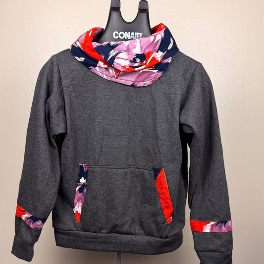 Charcoal grey cowl neck hoodie with colourful prints