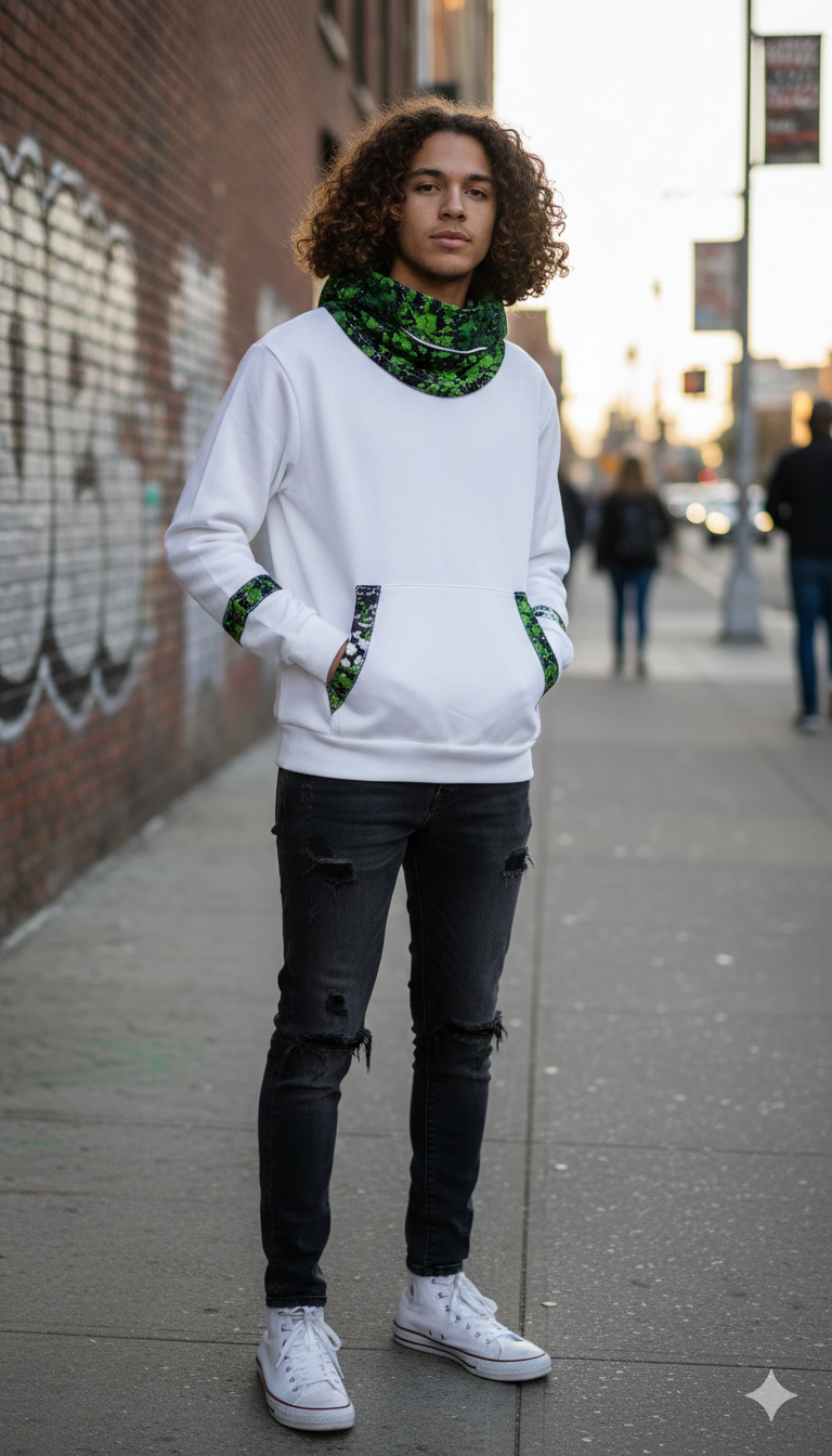 white, long-sleeved hoodie with Greenish prints