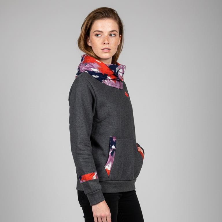 Charcoal grey cowl neck hoodie with colourful prints
