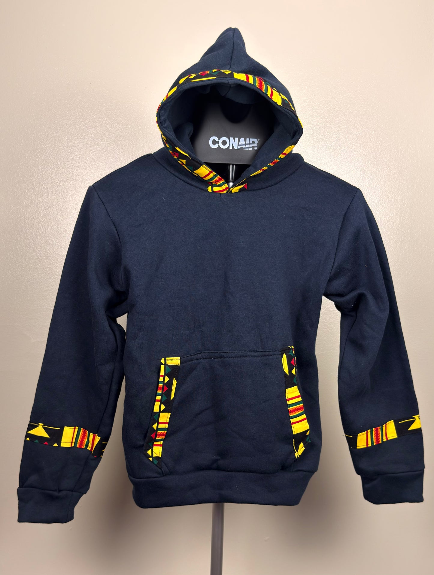 Black hoodie with yellowish Ankara prints