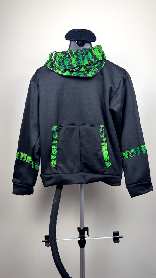 jet-black base accented by a striking vibrant green marbled pattern cowl neck hoodie
