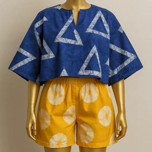 YELLOW SHORT AND BLUE TOP